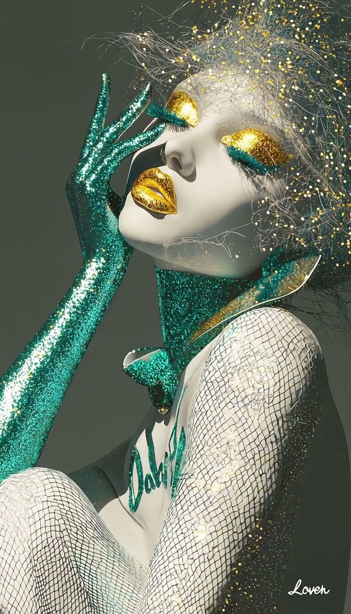 A stylized Wonder Woman with gold and teal body paint breaks out of a cracked 2D image surface into 3D space.