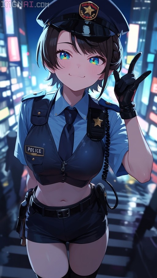 Oozora Subaru in a police uniform smiling on a city street at night