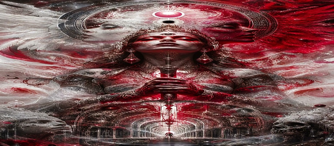 A woman emerges from a cracking surreal image to fight a man in a white coat inside a ruined building.
