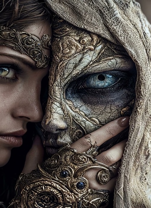 Two fantasy characters break through a cracked glass surface into a rainy hall and begin fighting.