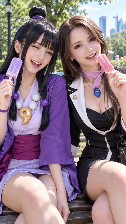 Two women cosplaying as Maya Fey and Mia Fey sitting on a park bench eating popsicles.