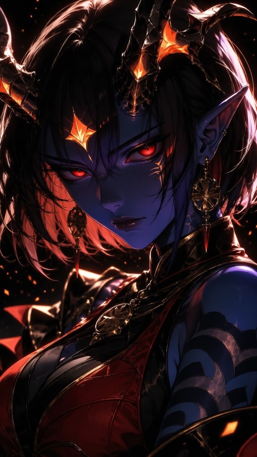 A close-up digital painting of a blue-skinned female demon with glowing orange horns, red eyes, and intricate tattoos looking intensely at the viewer.