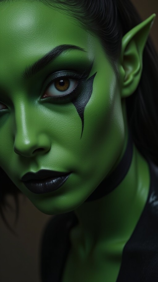 Close-up of a green-skinned female goblin with pointed ears and black lipstick looking at the camera
