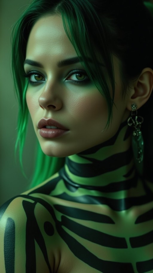 A close-up of a woman with green skin and dark stripes on her neck and chest, wearing dangling earrings and looking at the viewer.