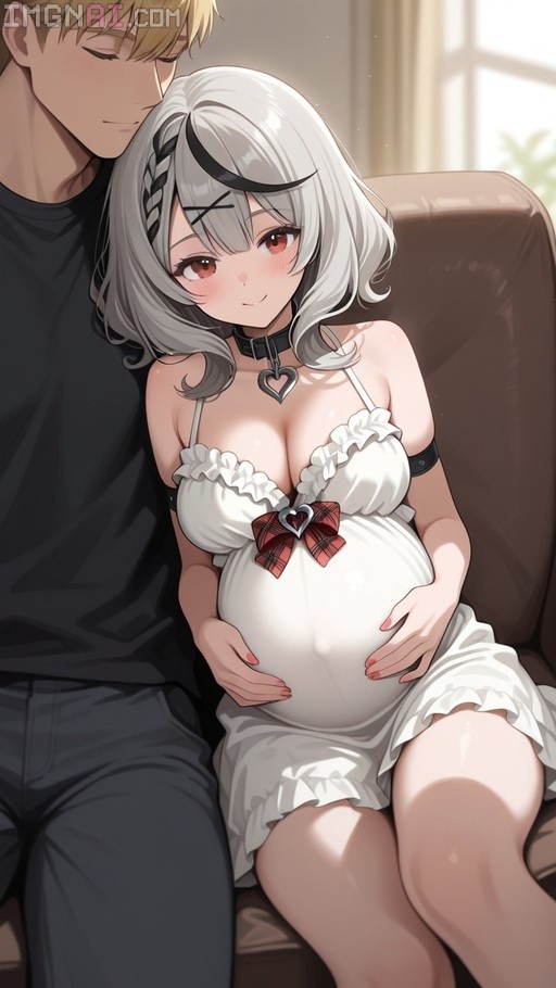 Pregnant Sakamata Chloe with grey hair and red eyes sits on a brown couch wearing a white dress and holding her belly next to a blonde man in a black shirt.