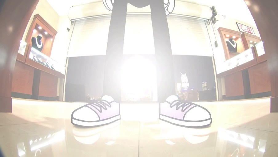 An animated character named Emonad with purple cornrows and sunglasses performs in a stylized rap music video featuring scenes at a jewelry store, barber shop, and on a city rooftop.