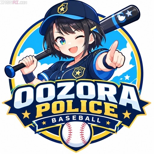 Oozora Subaru in a blue police baseball uniform holding a bat and pointing, inside an Oozora Police Baseball logo.