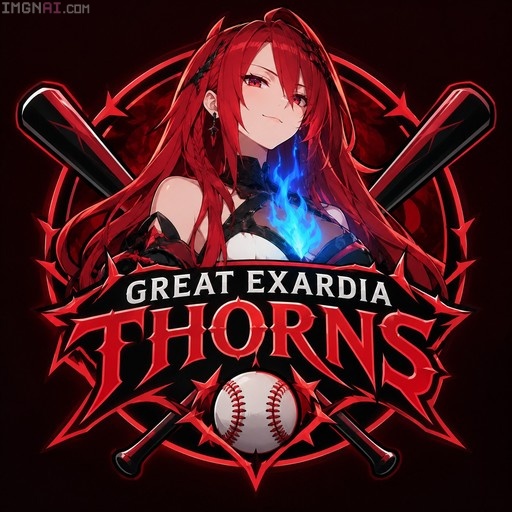 An anime-style illustration of Elizabeth Rose Bloodflame integrated into a Great Exardia Thorns baseball logo with crossed bats and jagged red lettering.