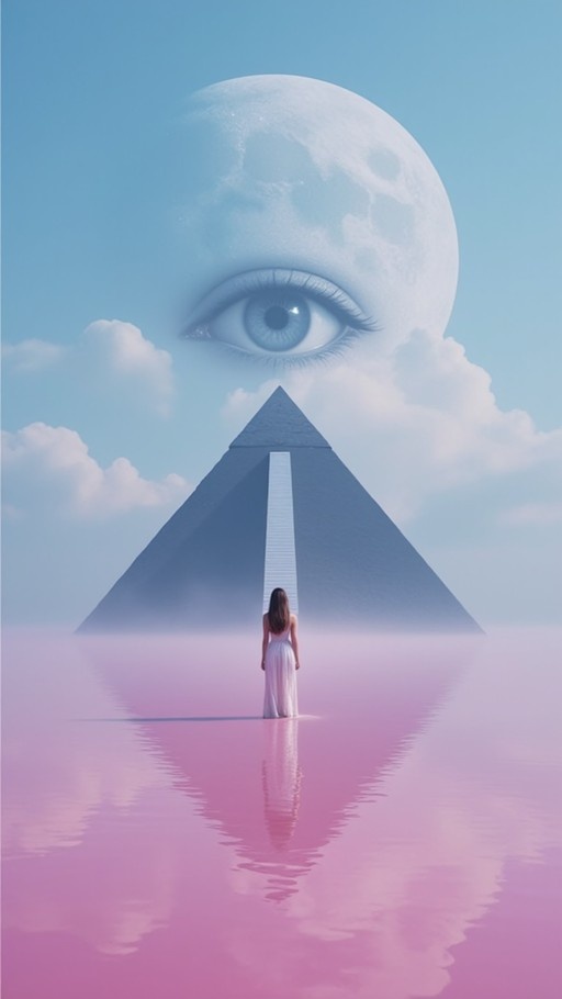 A woman in a long white dress stands waist-deep in still pink water, facing a large black pyramid rising from the mist. Above the pyramid, a giant moon features a realistic human eye against a blue sky.