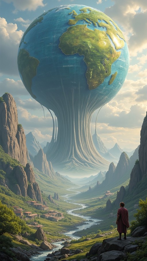 A person in a red robe stands on a rock looking up at a giant floating earth-like sphere connected to the ground by thick streams in a green valley.