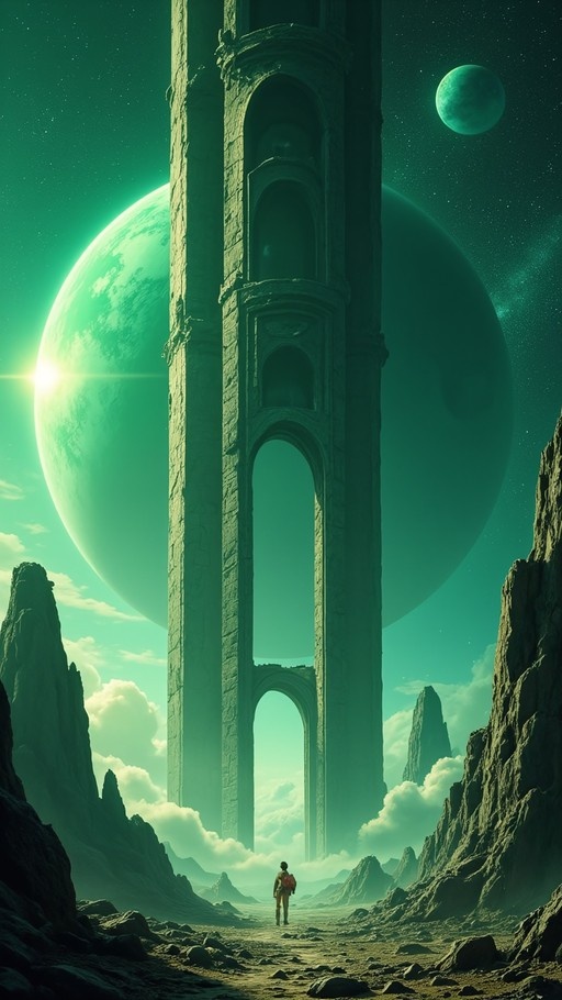 A lone figure stands on a rocky path facing a massive stone tower under a teal sky with a large planet and moon.