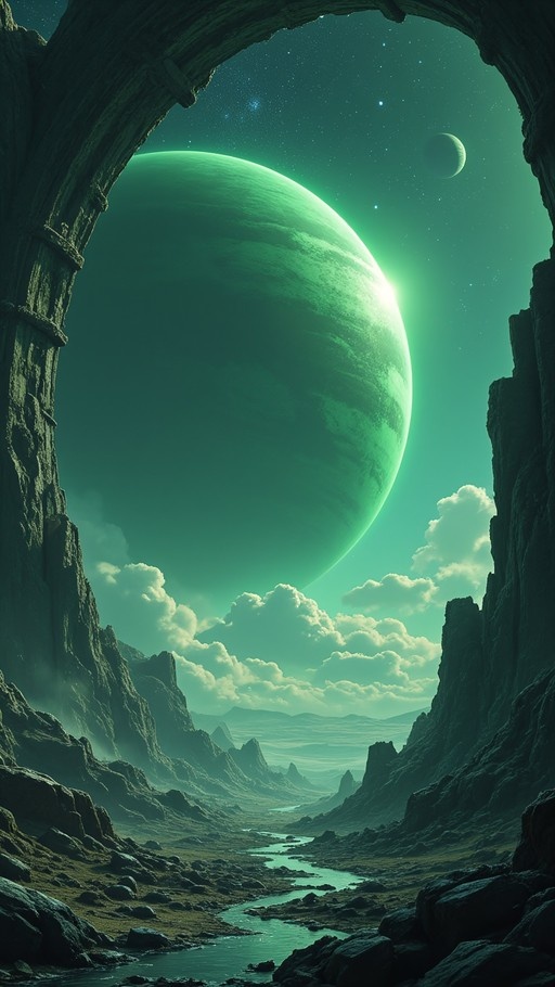 A large green planet looms in a teal sky above a rocky valley with a river, framed by an ancient stone arch.
