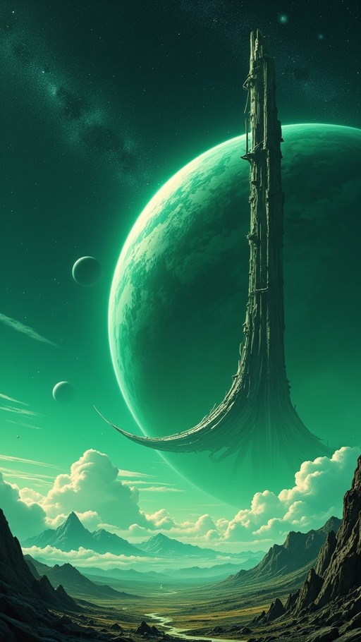 A colossal ancient structure floats in space above a green planet and mountainous terrain.