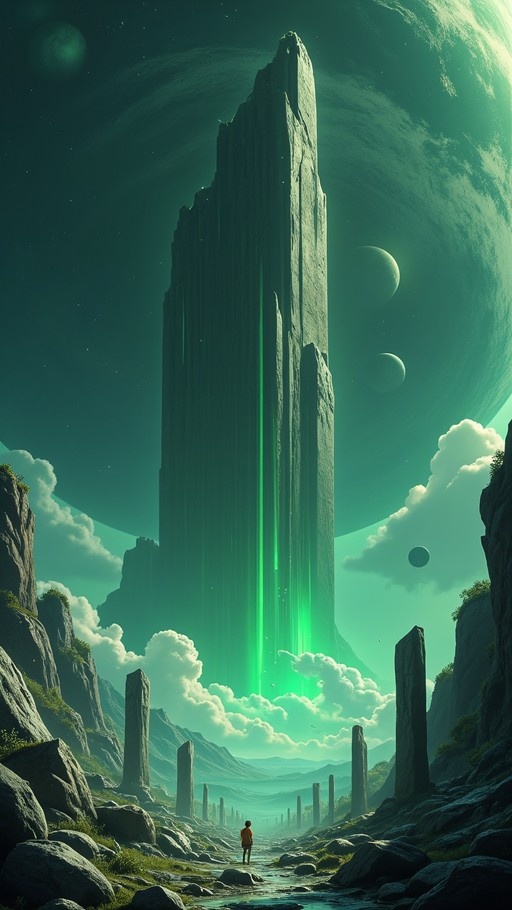 A small figure stands on a rocky path looking up at a massive, glowing green stone tower in an alien landscape with multiple moons in the sky.