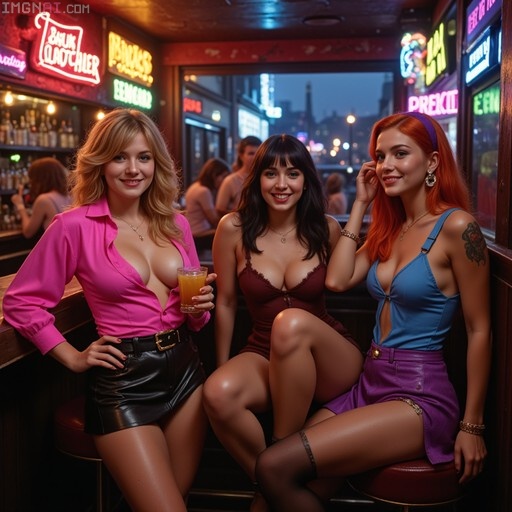 Three smiling women posing at a bar counter with neon signs in the background.