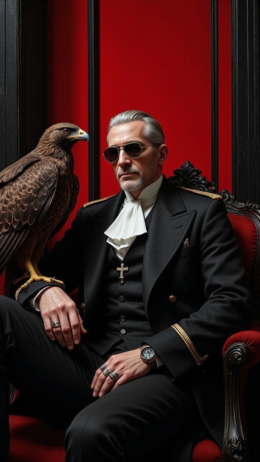 A silver-haired man wearing aviator sunglasses and a formal black coat sits in an ornate chair with a large hawk perched on his arm.