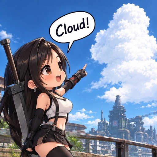 A chibi-style illustration of Tifa Lockhart from Final Fantasy VII pointing at a large white cloud while shouting "Cloud!" with her sword on her back.