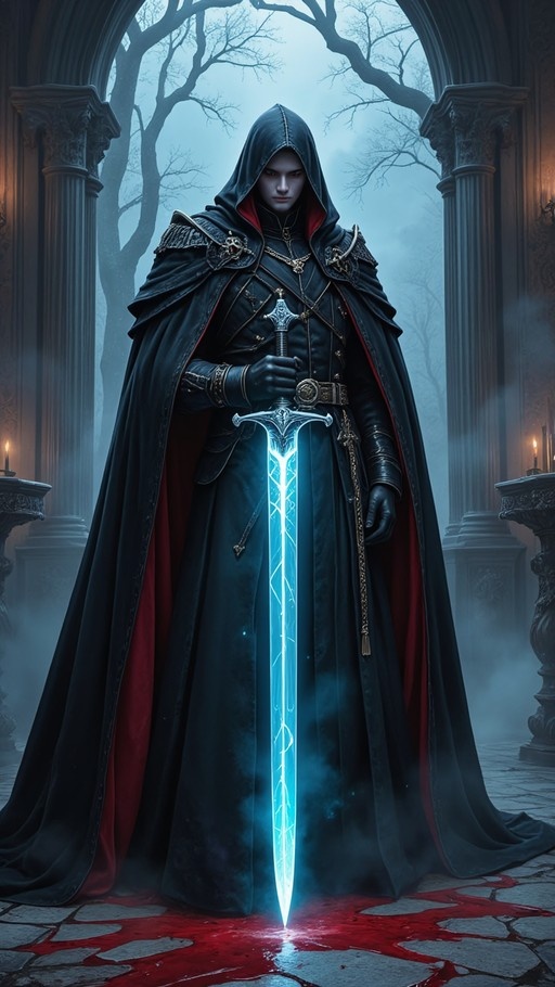 A hooded man in a black cloak with red lining holds a large sword emitting blue light, standing on a stone floor covered in blood.
