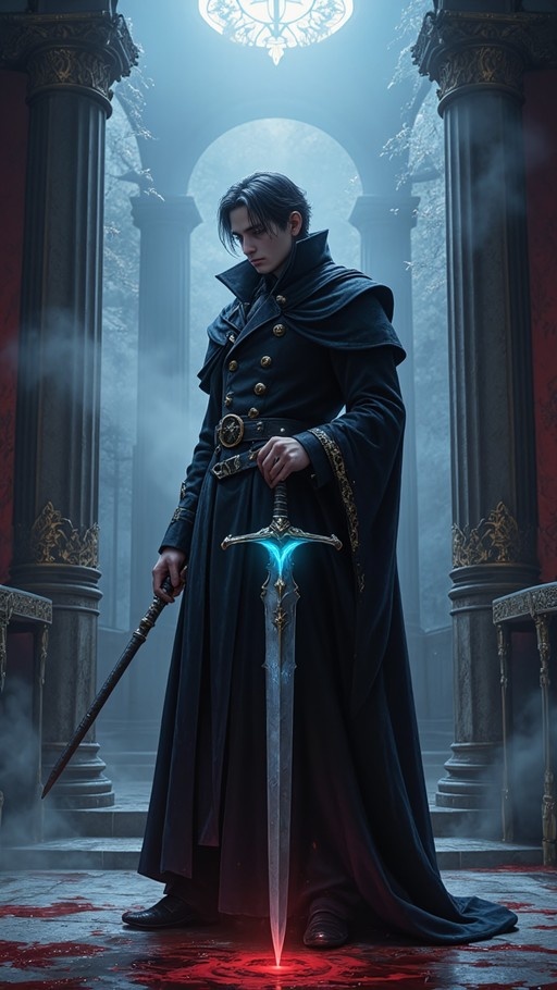 A digital illustration of a dark-haired man in a long black coat holding a cane and resting his hand on a large sword with a glowing blue hilt planted in a blood-stained stone floor.