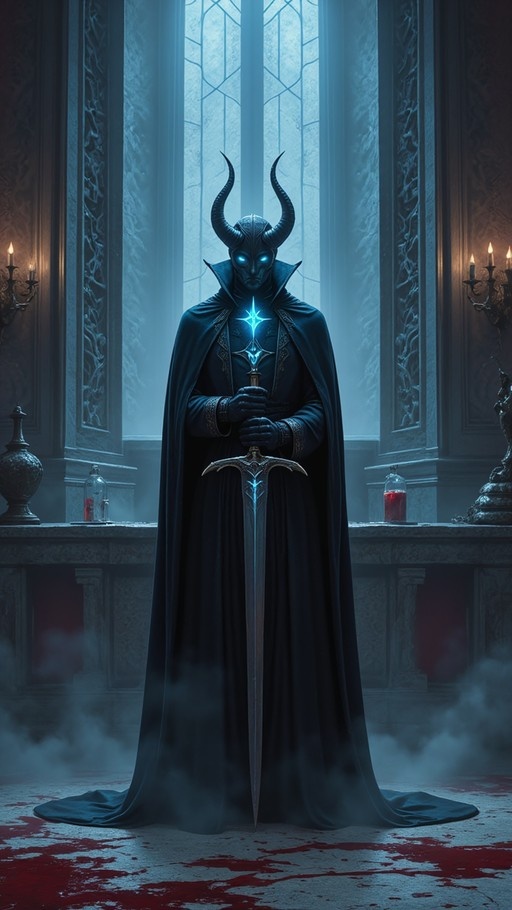 A horned figure in a black cloak holding a large sword with a glowing blue hilt stands on a blood-stained stone floor in a dimly lit hall.
