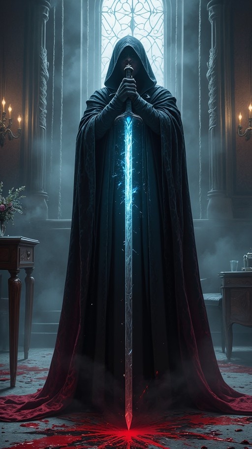 A hooded figure in a black cloak stands in a blood-stained study holding a large sword with a glowing blue blade.