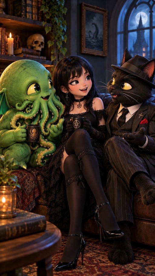 A gothic woman with long black hair sits on a couch between a green tentacle monster and an anthropomorphic black cat wearing a suit and hat, all holding mugs in a candlelit room.
