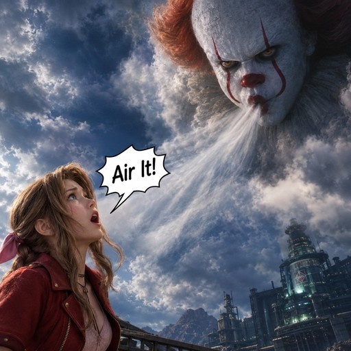 Aerith Gainsborough looks up at a giant Pennywise blowing air from the clouds with a speech bubble reading "Air It!"