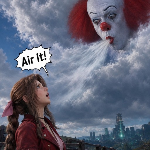 Aerith Gainsborough looks up at a giant Pennywise blowing air from the clouds with a speech bubble reading Air It!