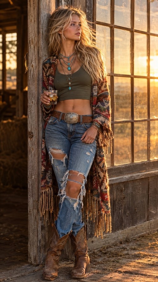 A blonde woman in a green crop top and ripped blue jeans leans against a wooden barn frame holding a drink at sunset.
