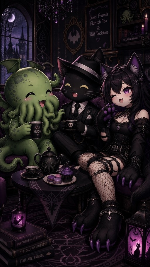 A chibi green Cthulhu creature holding a mug sits beside a black cat in a fedora and a winking goth girl with cat ears during a spooky tea party.