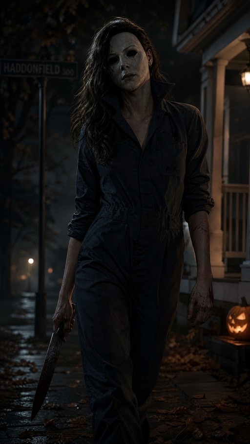 A woman wearing a white Michael Myers mask and blue jumpsuit holds a bloody knife while walking down a dark street at night near a glowing jack-o'-lantern.