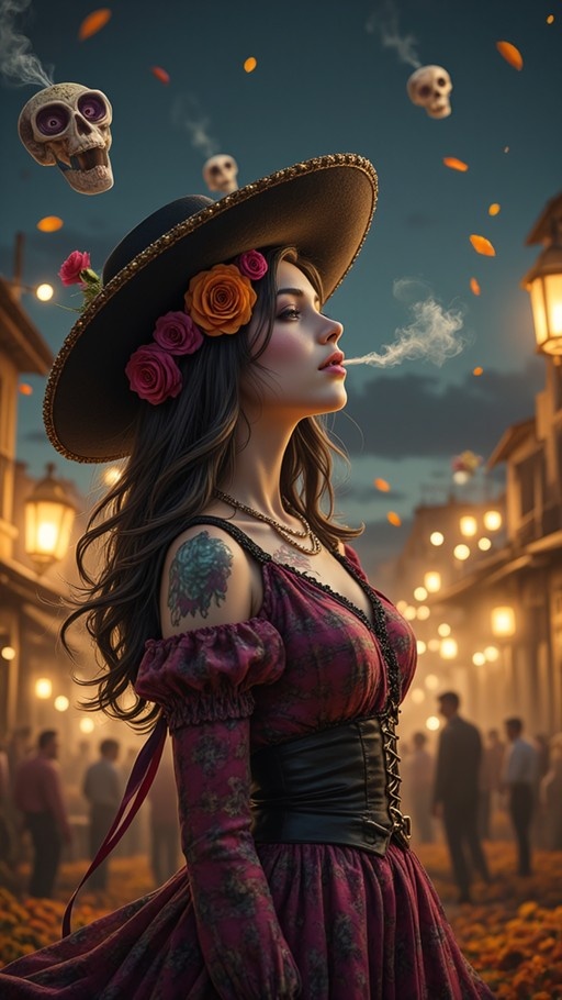 A woman in a floral hat smoking with floating skulls and orange petals in a Mexican city at night