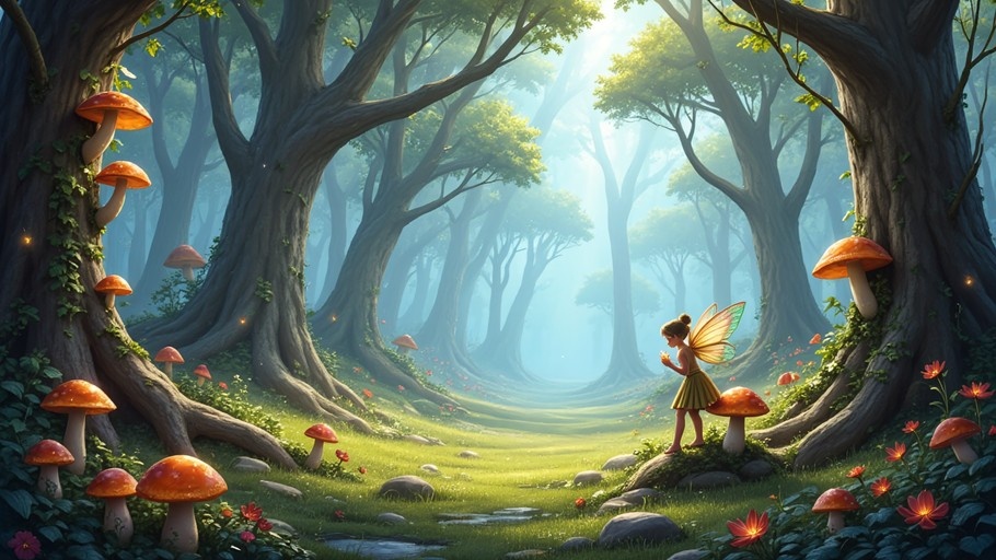 A fairy with translucent wings stands on a large orange mushroom in a sunlit forest filled with giant trees and red flowers.