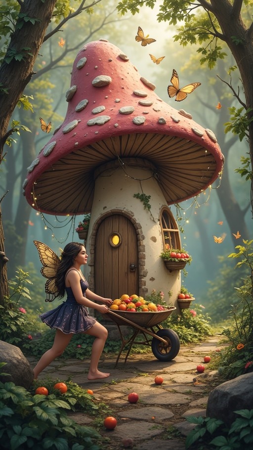 A fairy with butterfly wings pushes a wheelbarrow filled with fruit past a large red mushroom house in a sunny forest.