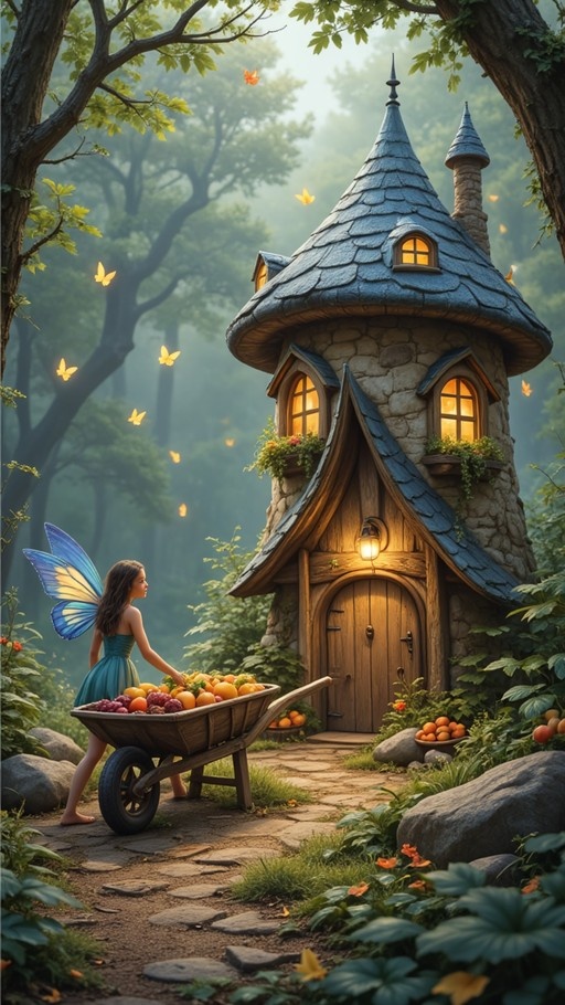A fairy with blue wings pushes a wooden wheelbarrow filled with colorful fruits along a stone path toward a cozy mushroom-shaped house in a misty forest.