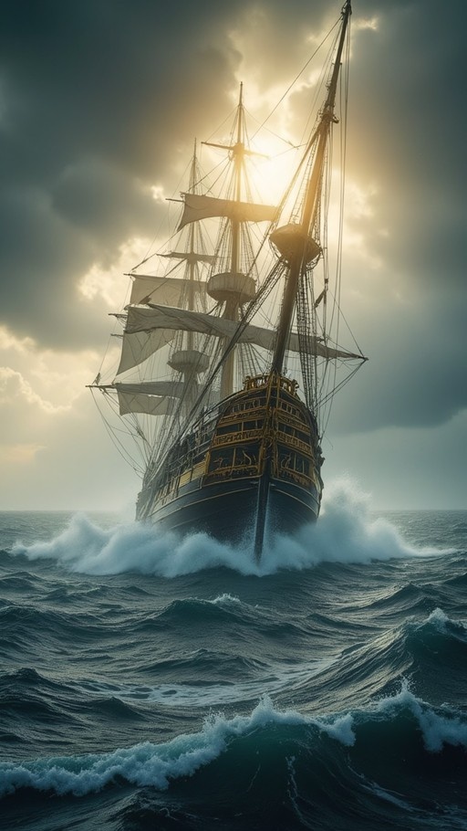 A massive multi-masted sailing ship cuts through rough, foamy ocean waves under a dramatic sky where sunlight breaks through dark storm clouds.