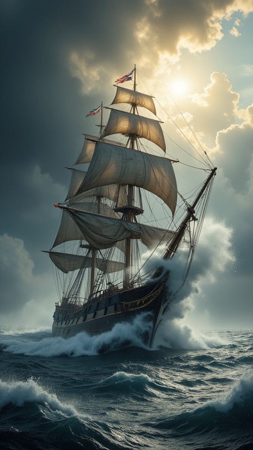 A large multi-masted sailing ship battles rough seas under a cloudy sky with bright sunlight breaking through.