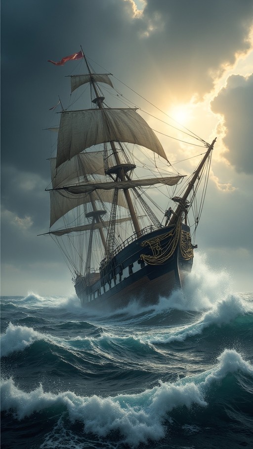 A large sailing ship with multiple masts tilts in rough ocean waves under a dramatic sky with sunlight breaking through clouds.