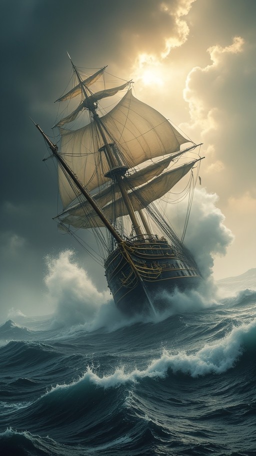 A massive historic sailing ship tilts precariously amidst crashing waves and dark clouds, illuminated by bright sunlight breaking through the storm.