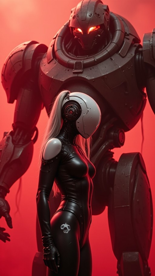 A sleek cyborg woman with long silver hair and a white helmet stands in profile next to a massive dark mech with glowing orange eyes against a hazy red background.