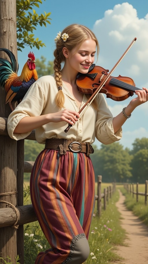 A young blonde woman with daisies in her hair plays the violin while leaning against a wooden fence next to a colorful rooster.
