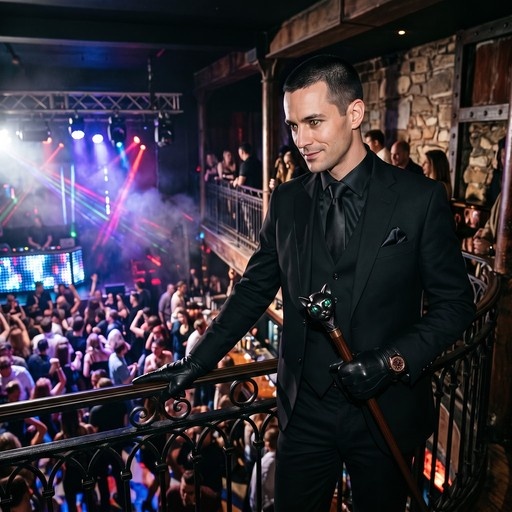 Man in black suit and gloves holding a cane with a glowing green-eyed cat head on a club balcony.