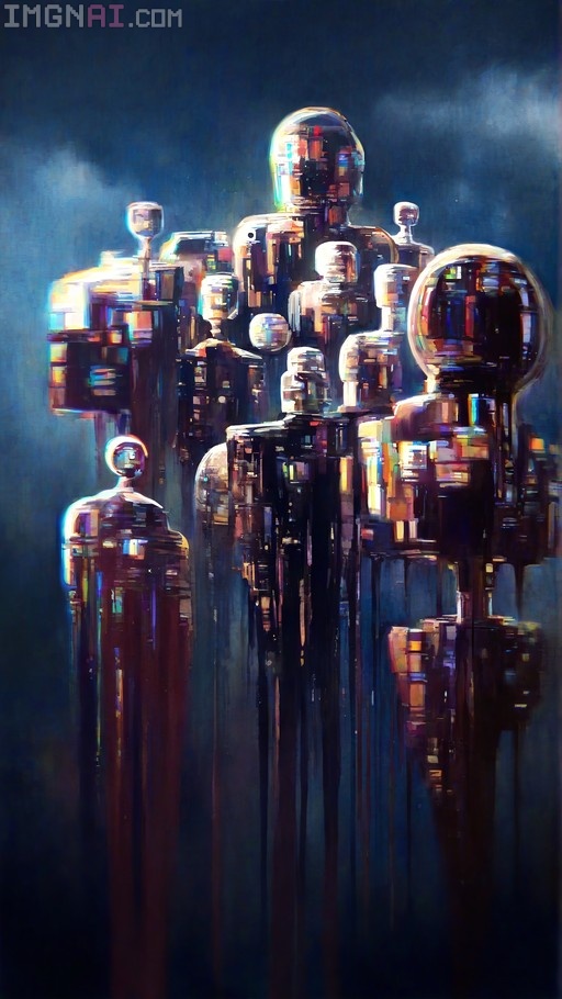 A cluster of reflective metallic robots with spherical heads stands in an abstract composition featuring heavy chromatic aberration and glitch effects against a dark background.
