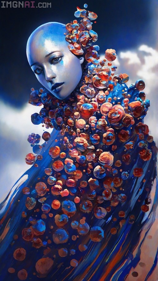 Surreal digital painting of a bald blue-skinned woman whose body dissolves into colorful floral spheres against a cloudy sky.