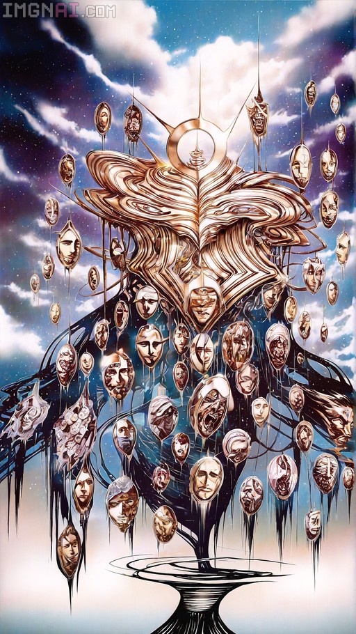 A large golden metallic structure with a distorted face hangs numerous smaller faces against a blue cloudy sky.