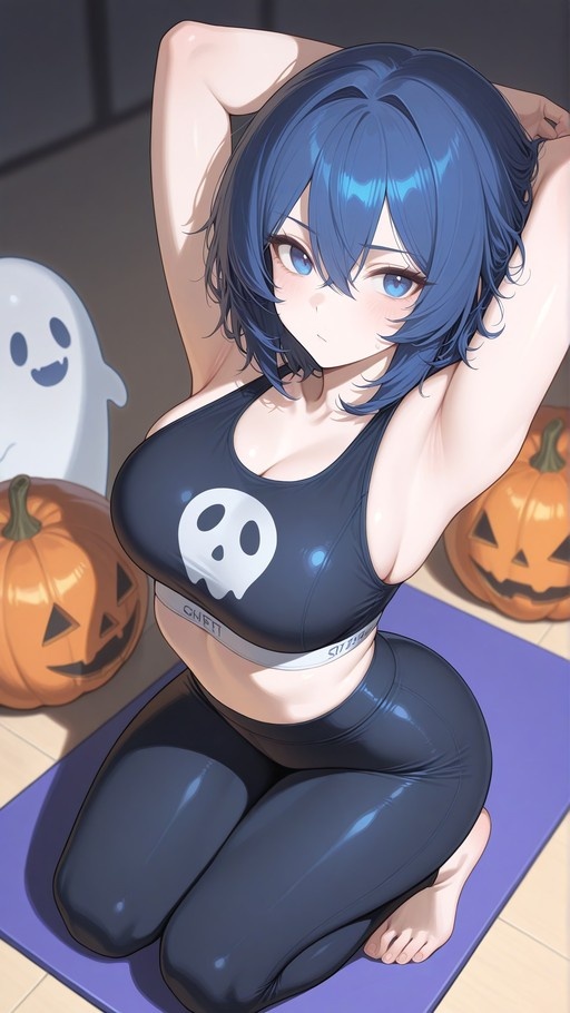 Blue-haired anime woman in black ghost-print sports bra and leggings kneeling on a yoga mat with pumpkins nearby.