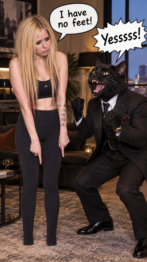 Avril Lavigne points at her legs while an anthropomorphic black cat man in a suit shouts "Yesssss!" beside her.