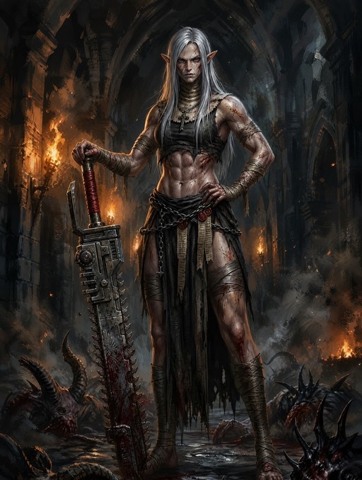 A full-body digital painting of a muscular white-haired elf woman standing with a large bloody sword in a dark stone hall.