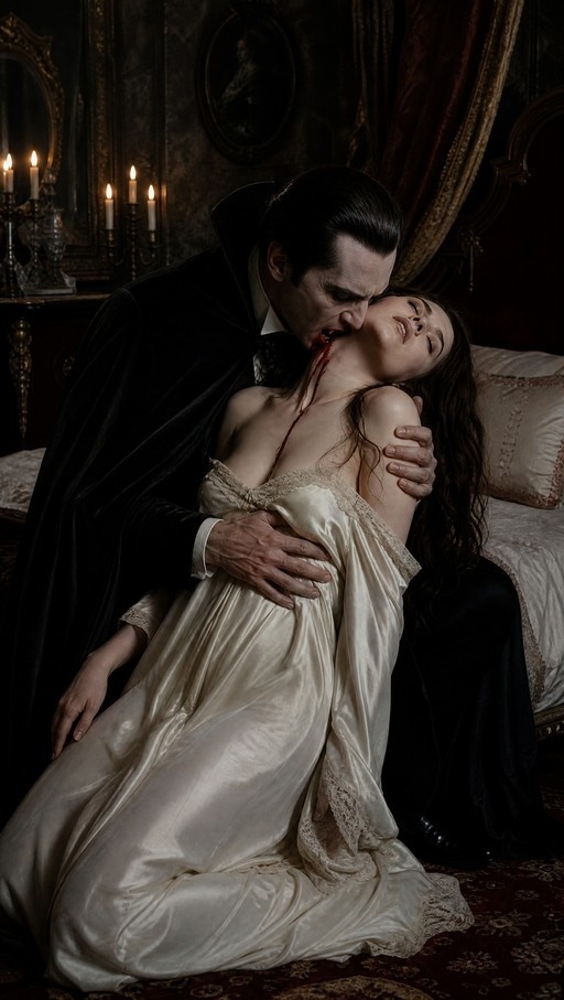 A classic vampire resembling Dracula bites the neck of a woman wearing a white silk nightgown in a candlelit Victorian bedroom.