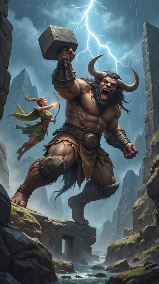 Colossal horned Minotaur roars while swinging a massive stone warhammer as an acrobatic Wood Elf Ranger leaps overhead, drawing a glowing magical bow amidst lightning and rain.